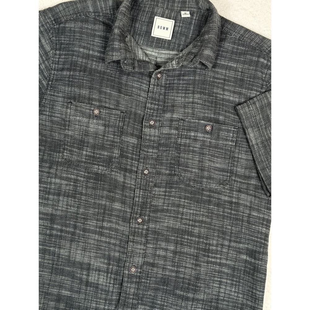 ROWM Mens Size M Short Sleeve Button Down Shirt Grey Black Textured Cotton